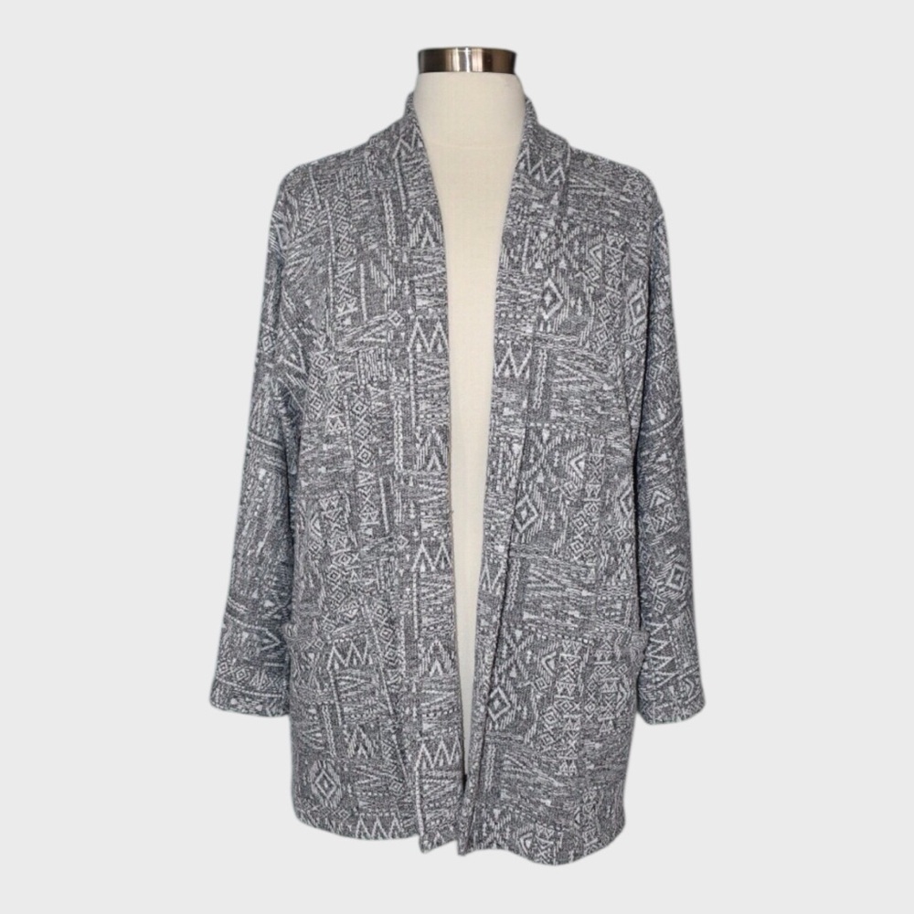LOGO by Lori Goldstein Open Front Knit Southwest Jacquard Cardigan